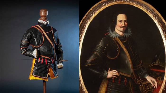 un dipinto ritratto di comandante con baffi e moschetta