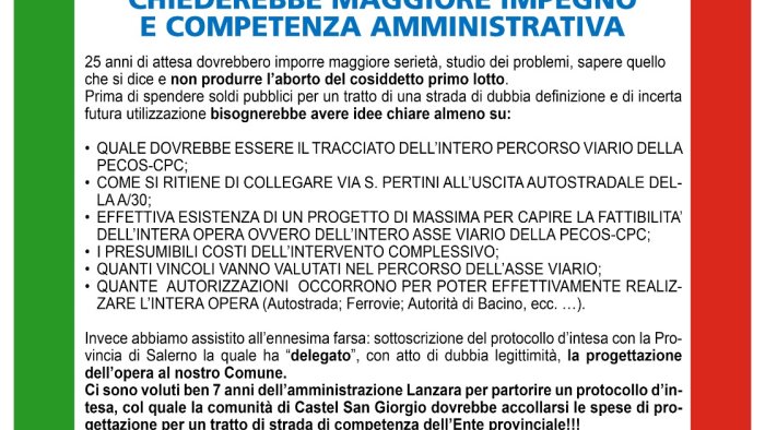 via di esodo da siano alla a30 ira dei componenti pd di castel san giorgio