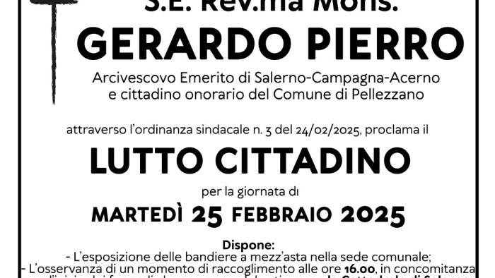 pellezzano lutto cittadino il giorno dei funerali di monsignor pierro