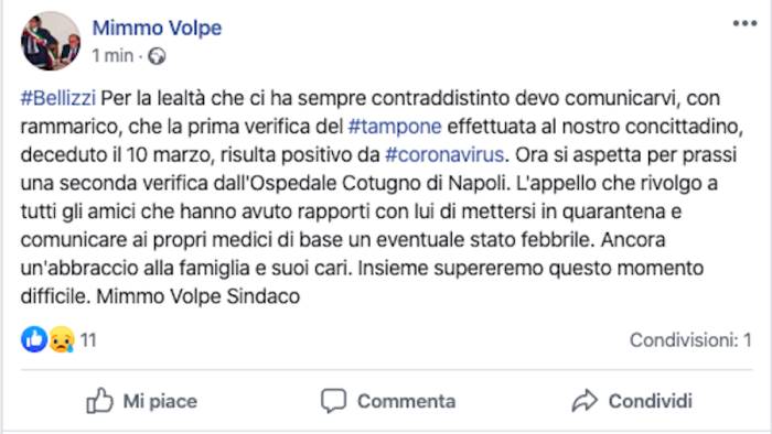 coronavirus morto anziano di bellizzi tampone positivo