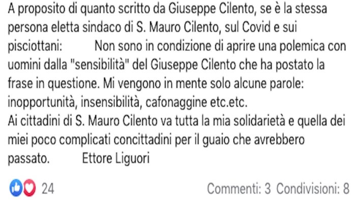 post del sindaco cilento contro pisciotta e guerra sui social