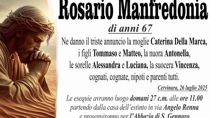 cervinara domani l ultimo saluto a rosario manfredonia folgorato nel giardino