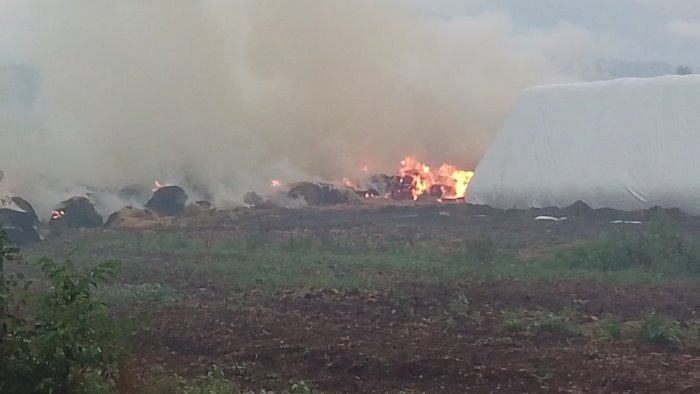 fulmine su un azienda agricola a fuoco centinaia di balle di fieno