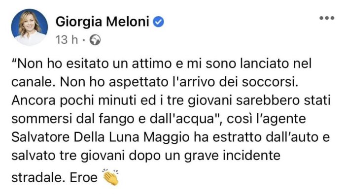 agente della municipale salva tre ragazzi a teggiano giorgia meloni eroe