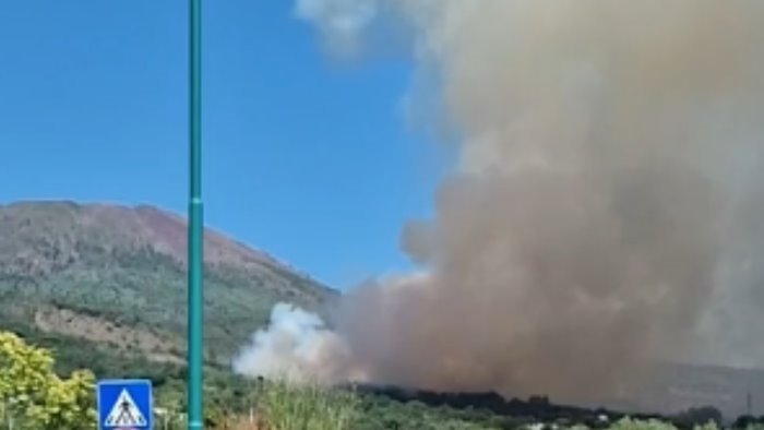 brucia il vesuvio vasto incendio con colonna di fumo visibile a chilometri