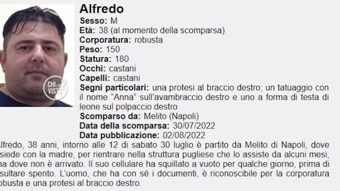 il giallo di alfredo era scomparso a fine luglio e stato trovato cadavere