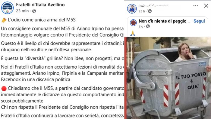 fdi contro il m5s polemica ad ariano per un fotomontaggio sulla meloni
